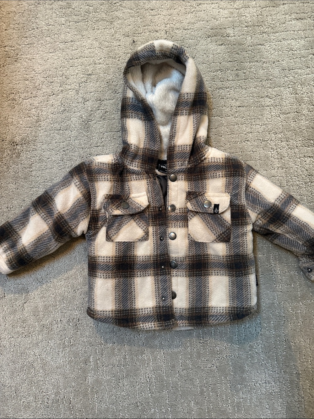 Volcom Hooded Plaid Puffer Jacket - Beige & Brown